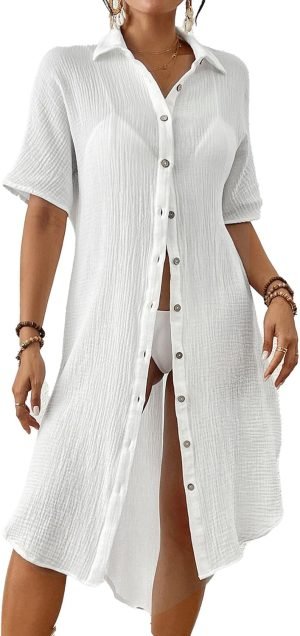 71t47wQWXFL._AC_SL1500 Jngrtsyjvip Fashion Women's Swimwear Cover ups Beach button shirts Blouse Button Down Shirt Dresses Beach Cover ups for Women