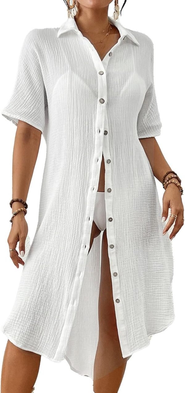 Jngrtsyjvip Fashion  Women's Swimwear Cover ups Beach button shirts Blouse Button Down Shirt Dresses Beach Cover ups for Women