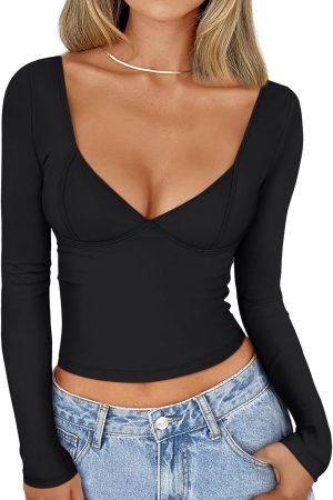 71t7r5Fj7WL._AC_SL1500 Jngrtsyjvip Fashion Womens Long Sleeve Deep V-Neck Crop Tops Basic Y2K Going Out Tops Fall Outfits 2024 Fashion Clothes