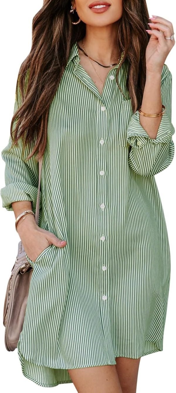 71uoHbI9xIL._AC_SL1500 Jngrtsyjvip Fashion Womens Button Down Shirt Dresses with Pockets Cotton Striped Shirts Collared Tunics Long Sleeve High Low Blouse Tops