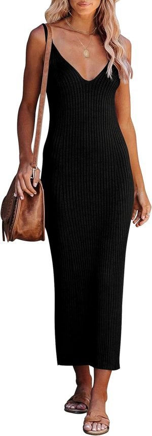 71v6fk0nr3L._AC_SL1500 Jngrtsyjvip Fashion Womens 2024 Summer V Neck Knit Midi Dress Bodycon Sleeveless Ribbed Sweater Dresses