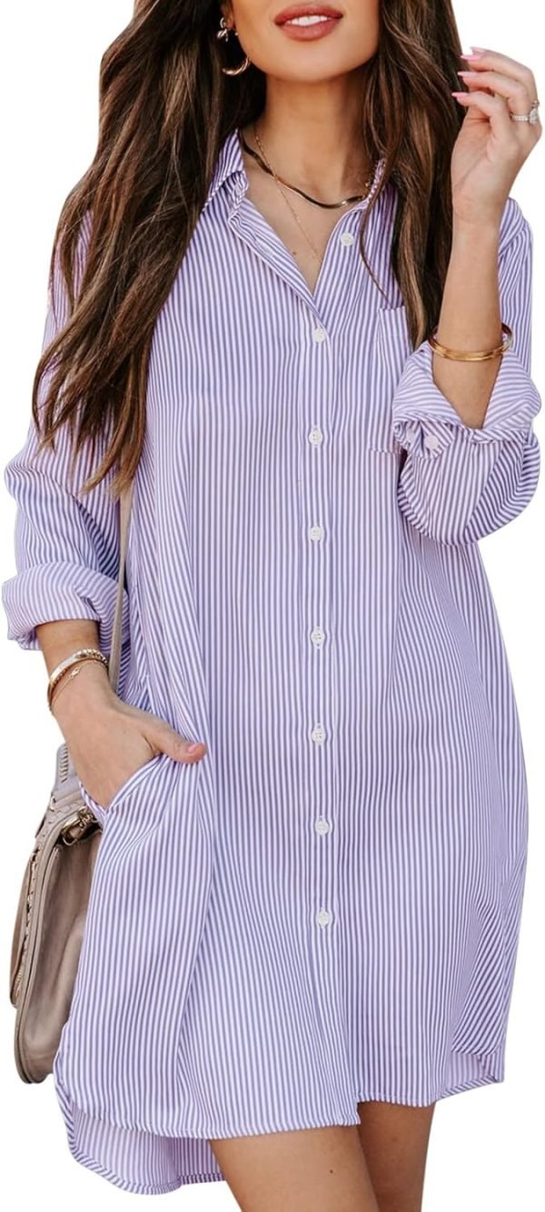 71xCGVKciEL._AC_SL1500 Jngrtsyjvip Fashion Womens Button Down Shirt Dresses with Pockets Cotton Striped Shirts Collared Tunics Long Sleeve High Low Blouse Tops