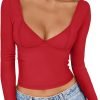 Jngrtsyjvip Fashion Womens Long Sleeve Deep V-Neck Crop Tops Basic Y2K Going Out Tops Fall Outfits 2024 Fashion Clothes
