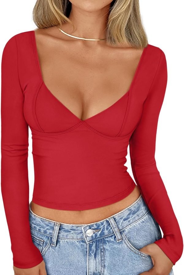 Jngrtsyjvip Fashion Womens Long Sleeve Deep V-Neck Crop Tops Basic Y2K Going Out Tops Fall Outfits 2024 Fashion Clothes