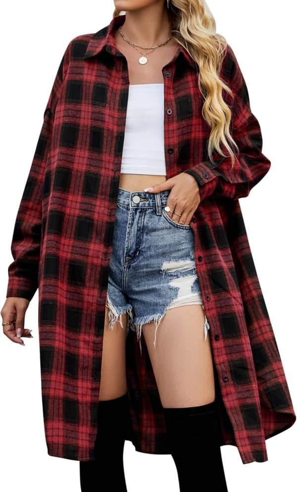 Jngrtsyjvip Fashion   Women's Button Down Flannel Shirts Plaid Shacket Long Sleeve Collared Long Jacket Coats