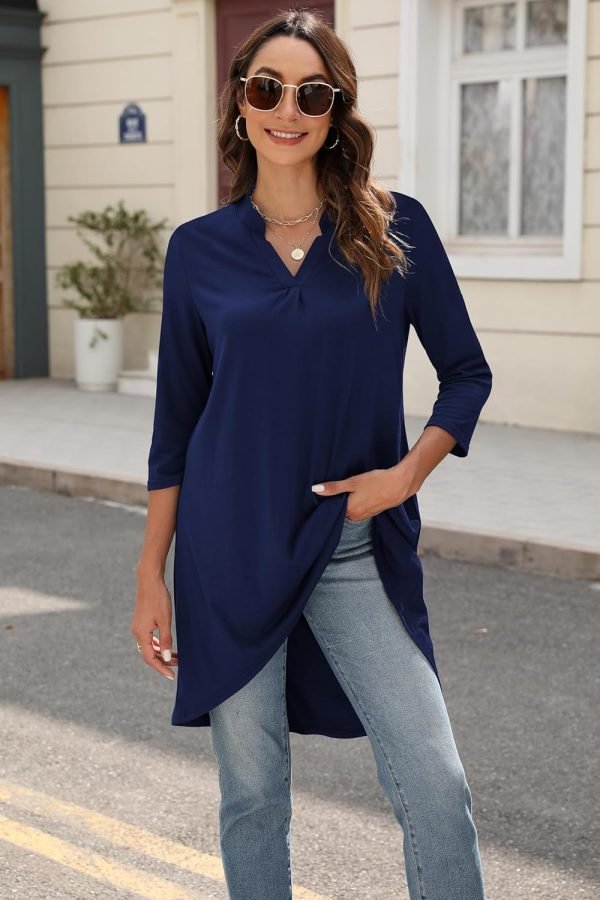 Jngrtsyjvip Fashion   Women's 3/4 Sleeve Notch V Neck High Low Loose Fit Long Tunic Tops Shirts Blouses M-3XL