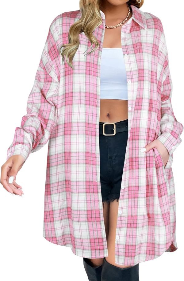 Jngrtsyjvip Fashion   Women's Button Down Flannel Shirts Plaid Shacket Long Sleeve Collared Long Jacket Coats