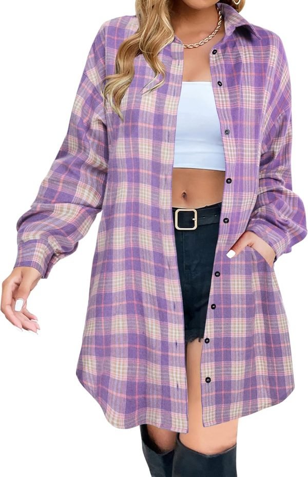 Jngrtsyjvip Fashion   Women's Button Down Flannel Shirts Plaid Shacket Long Sleeve Collared Long Jacket Coats