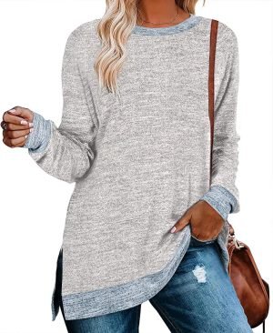 81NKdgz0TCL._AC_SL1500 Jngrtsyjvip Fashion Womens Crewneck Pullovers Color Block Long Sleeve Side Split Tunic Tops