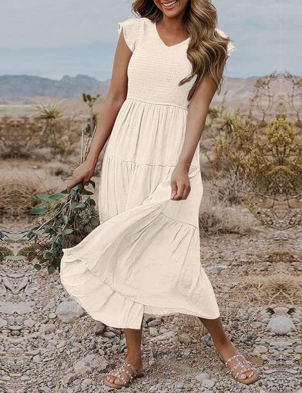 Jngrtsyjvip Fashion  Women's Flutter Sleeve Smocked Midi Dress V Neck Casual Tiered Dresses with Pockets