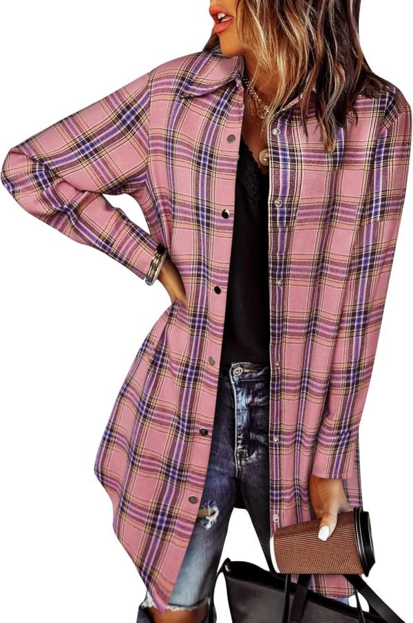 Jngrtsyjvip Fashion   Flannel for Women 2024 Fall Fashion Long Sleeve Plaid Button Down Shirts Shacket Blouse Top with Pockets