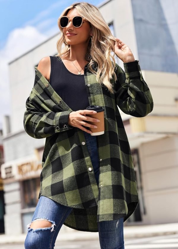 Jngrtsyjvip Fashion   Flannel for Women 2024 Fall Fashion Long Sleeve Plaid Button Down Shirts Shacket Blouse Top with Pockets