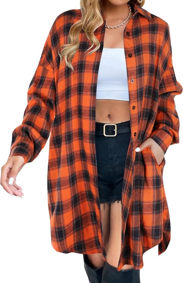 Jngrtsyjvip Fashion   Women's Button Down Flannel Shirts Plaid Shacket Long Sleeve Collared Long Jacket Coats
