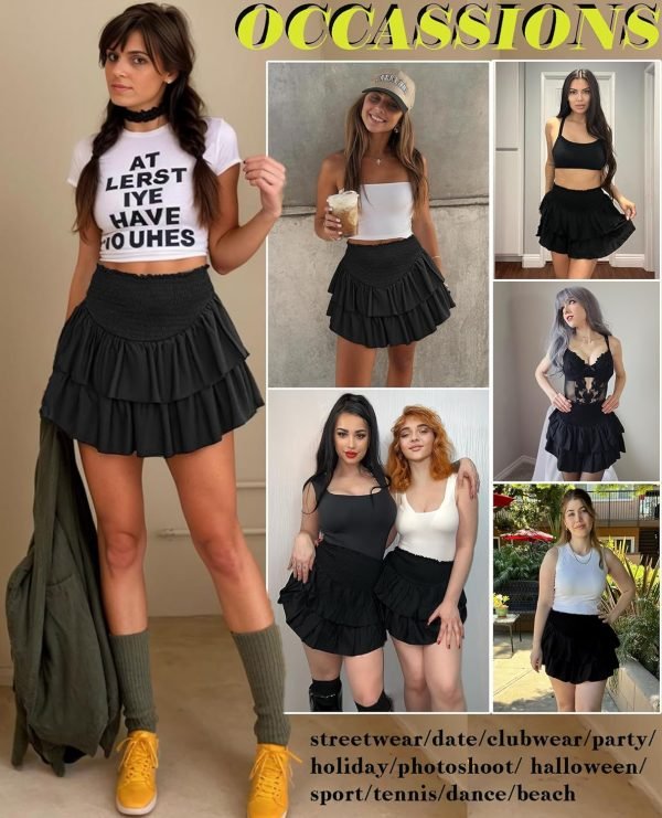 Jngrtsyjvip Fashion  Women's High Waist Ruffle Flowy Mini Skirts Stretchy Lined Layered Pleated Casual Beach Short Skirt