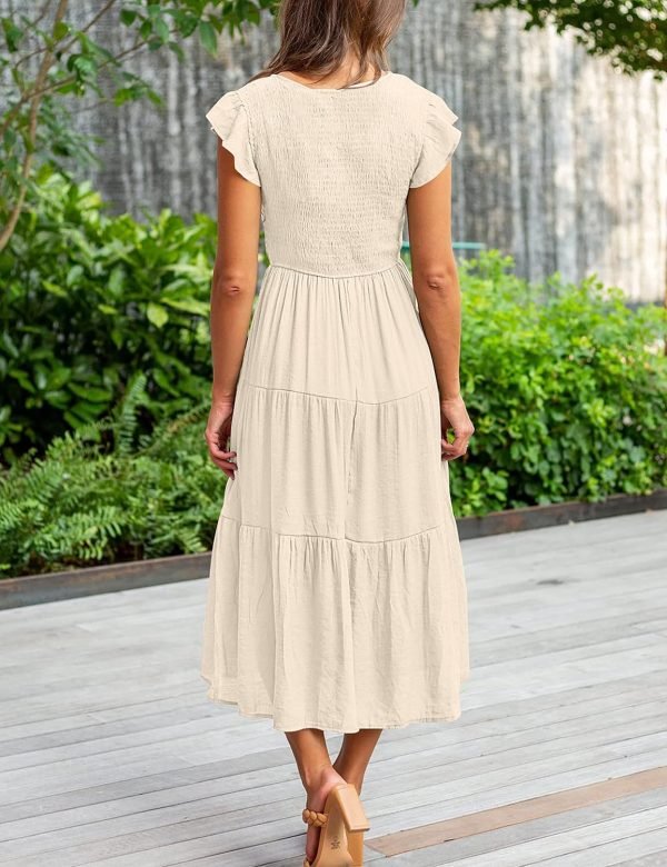 Jngrtsyjvip Fashion  Women's Flutter Sleeve Smocked Midi Dress V Neck Casual Tiered Dresses with Pockets