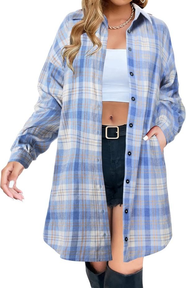 Jngrtsyjvip Fashion   Women's Button Down Flannel Shirts Plaid Shacket Long Sleeve Collared Long Jacket Coats