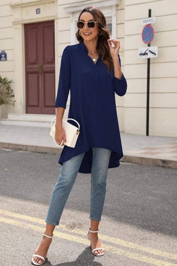 Jngrtsyjvip Fashion   Women's 3/4 Sleeve Notch V Neck High Low Loose Fit Long Tunic Tops Shirts Blouses M-3XL