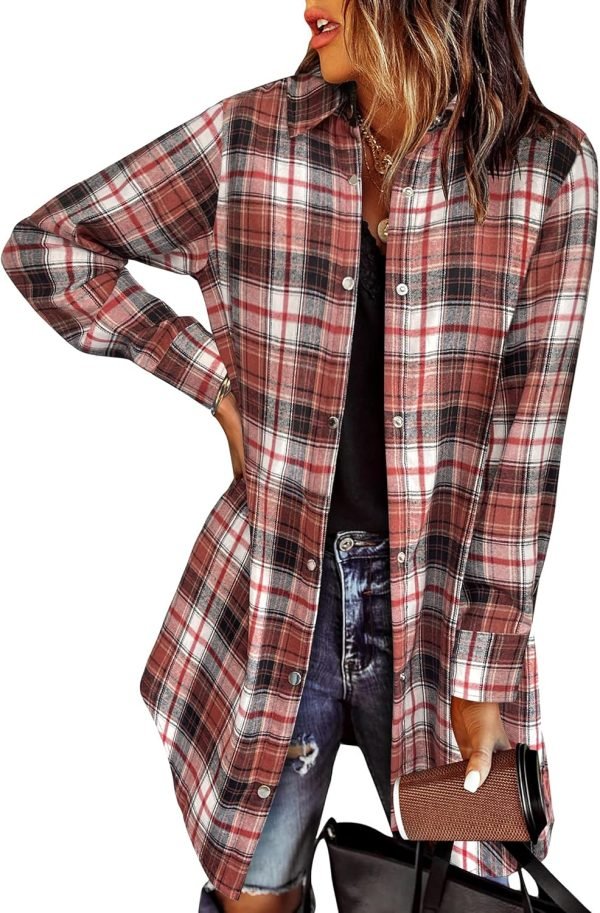 Jngrtsyjvip Fashion   Flannel for Women 2024 Fall Fashion Long Sleeve Plaid Button Down Shirts Shacket Blouse Top with Pockets