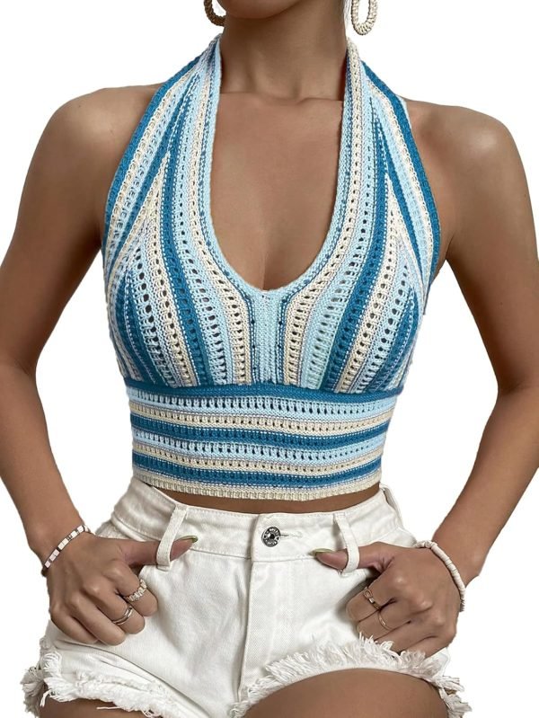Jngrtsyjvip Fashion Women's Striped Colorblock Tie Backless V Neck Knitted Crop Halter Top