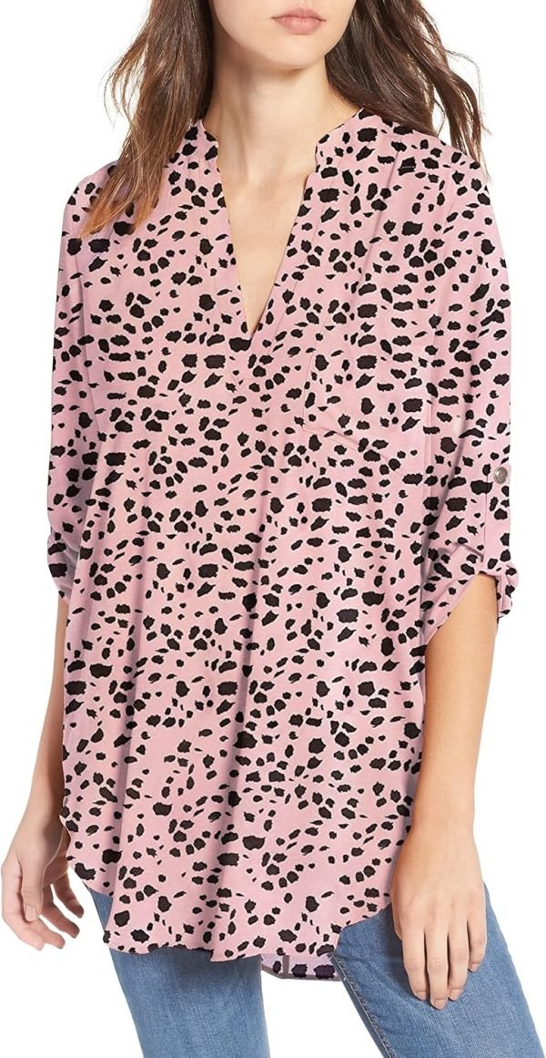 81ksPDmwQOL._AC_SL1500 Jngrtsyjvip Fashion Women's Split-Neck Roll-Tab Sleeves Tunic - Perfect Long for Leggings Shirt Cute Versatile Top Notch V Neck Plus Size Blouse