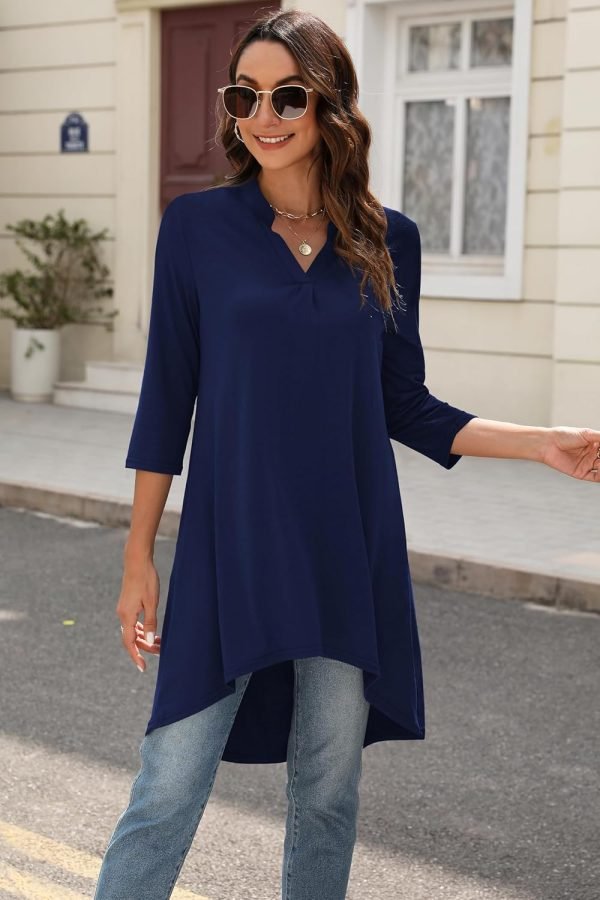 Jngrtsyjvip Fashion   Women's 3/4 Sleeve Notch V Neck High Low Loose Fit Long Tunic Tops Shirts Blouses M-3XL
