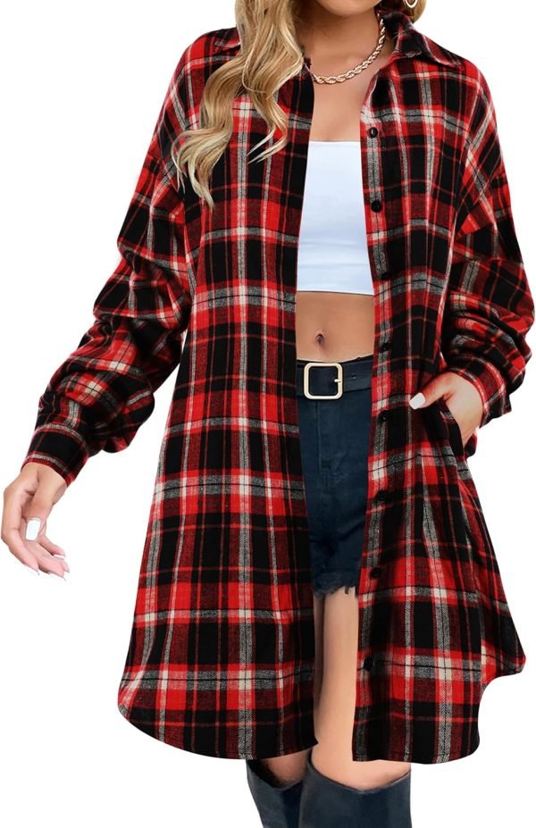 Jngrtsyjvip Fashion   Women's Button Down Flannel Shirts Plaid Shacket Long Sleeve Collared Long Jacket Coats