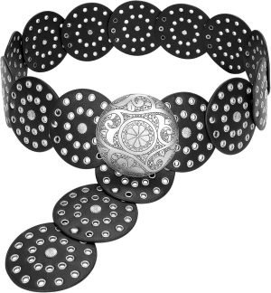 81q2_dqFKIL._AC_SL1500 Jngrtsyjvip Fashion Western Belts for Women Wide Hollow Disc Leather Belt Cowgirl Waist Belt for Jeans Dresses with Metal Buckle