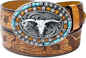 81t9m-EG8QL._AC_SL1500 Jngrtsyjvip FashionWomen Western Cowboy Belt - PU Leather Longhorn Bull Turquoise Embossed Buckle Belt for Jeans Pants Dresses