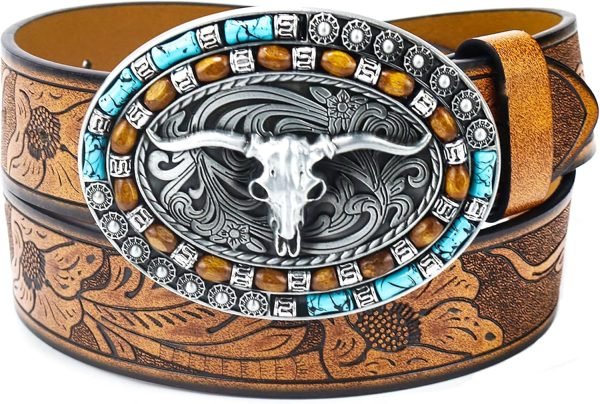 Jngrtsyjvip FashionWomen Western Cowboy Belt - PU Leather Longhorn Bull Turquoise Embossed Buckle Belt for Jeans Pants Dresses