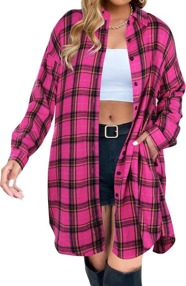 Jngrtsyjvip Fashion   Women's Button Down Flannel Shirts Plaid Shacket Long Sleeve Collared Long Jacket Coats