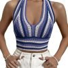Jngrtsyjvip Fashion Women's Striped Colorblock Tie Backless V Neck Knitted Crop Halter Top