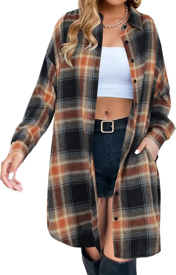 Jngrtsyjvip Fashion   Women's Button Down Flannel Shirts Plaid Shacket Long Sleeve Collared Long Jacket Coats