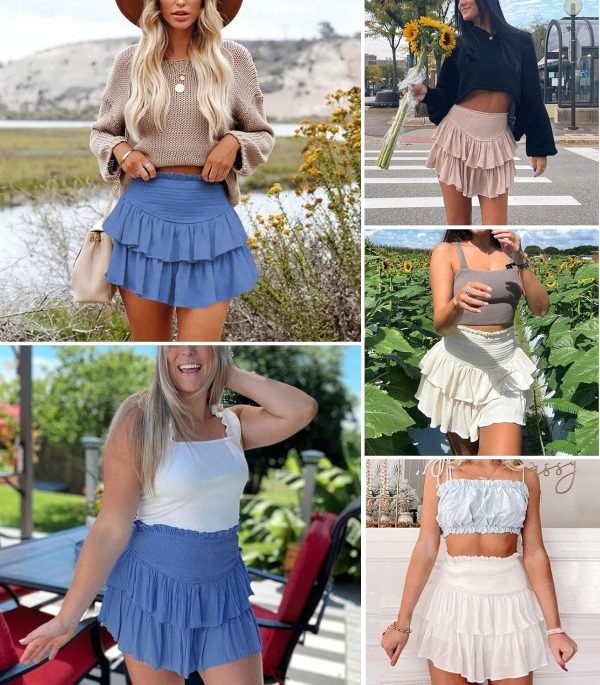 Jngrtsyjvip FashionWomen's Cute High Waist Ruffle Mini Skirt Layered Ruffle Hem Flared Flowy Casual Swing Beach Mini Short Skirt