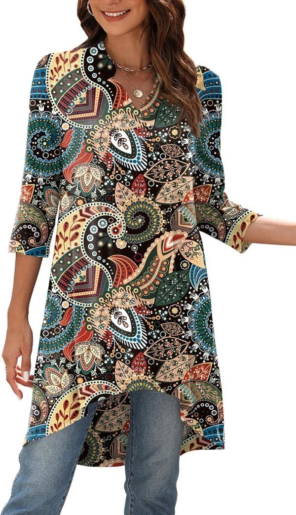 Jngrtsyjvip Fashion   Women's 3/4 Sleeve Notch V Neck High Low Loose Fit Long Tunic Tops Shirts Blouses M-3XL