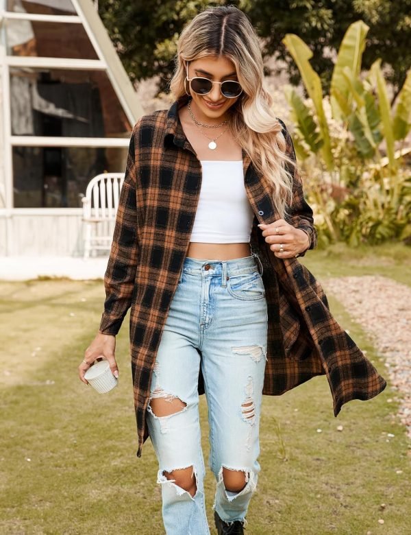Jngrtsyjvip Fashion   Women's Button Down Flannel Shirts Plaid Shacket Long Sleeve Collared Long Jacket Coats