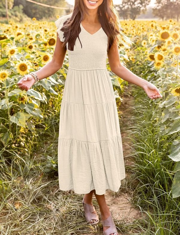 Jngrtsyjvip Fashion  Women's Flutter Sleeve Smocked Midi Dress V Neck Casual Tiered Dresses with Pockets