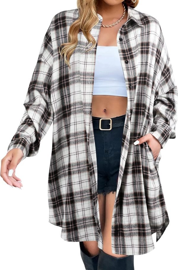 Jngrtsyjvip Fashion   Women's Button Down Flannel Shirts Plaid Shacket Long Sleeve Collared Long Jacket Coats