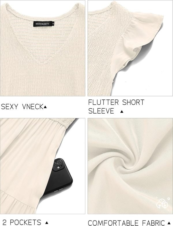 Jngrtsyjvip Fashion  Women's Flutter Sleeve Smocked Midi Dress V Neck Casual Tiered Dresses with Pockets